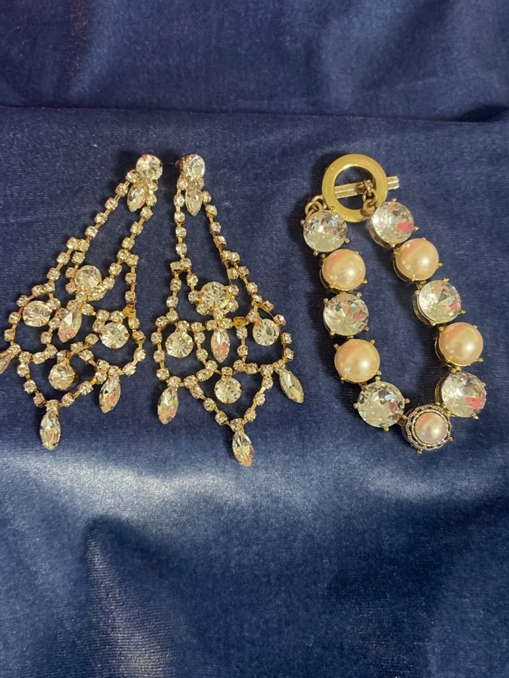 Gold Crystal Chandelier Earrings and Pearl-Accent Bracelet Set